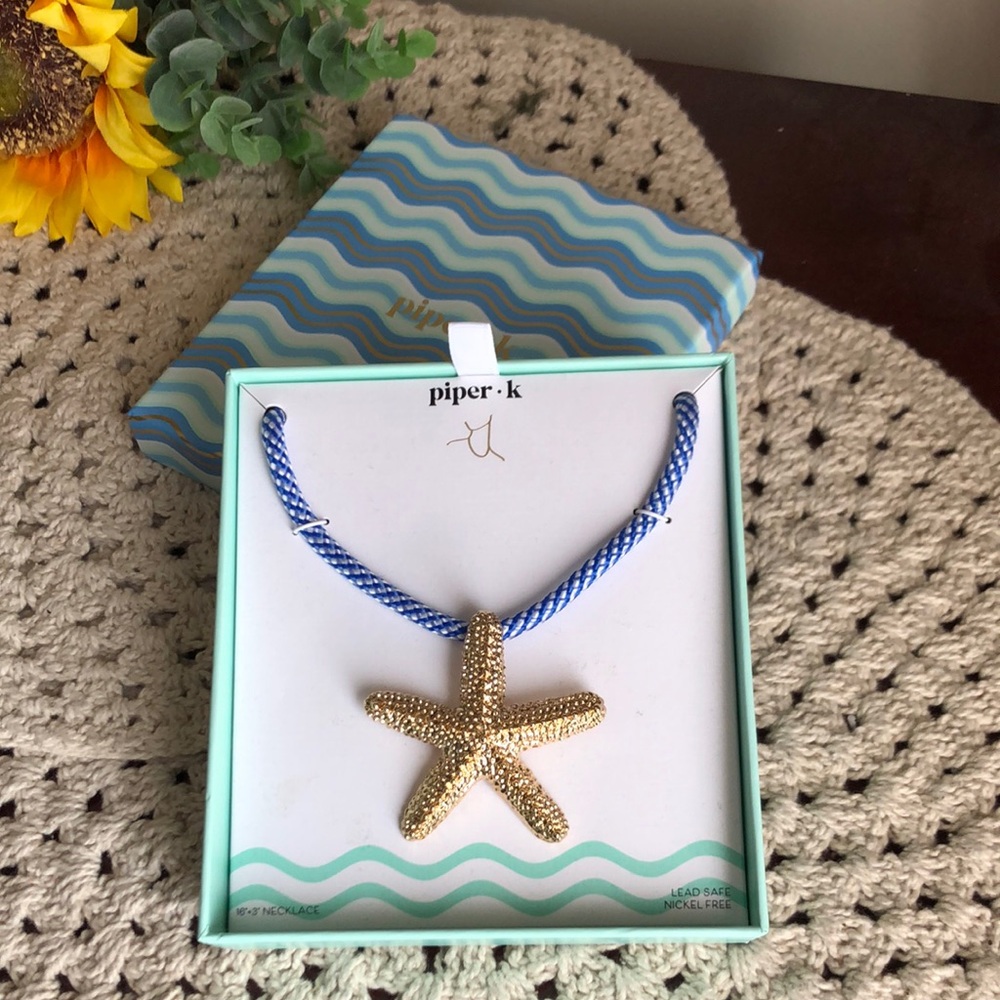 Piper K Gold Starfish Pendant Necklace with Blue Braided Cord
